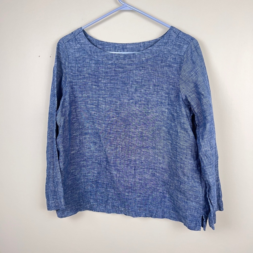 Sigrid Olsen Linen Blouse Top Medium 3/4 Sleeve Boat Neck Blue Coastal Grandma - Picture 5 of 11